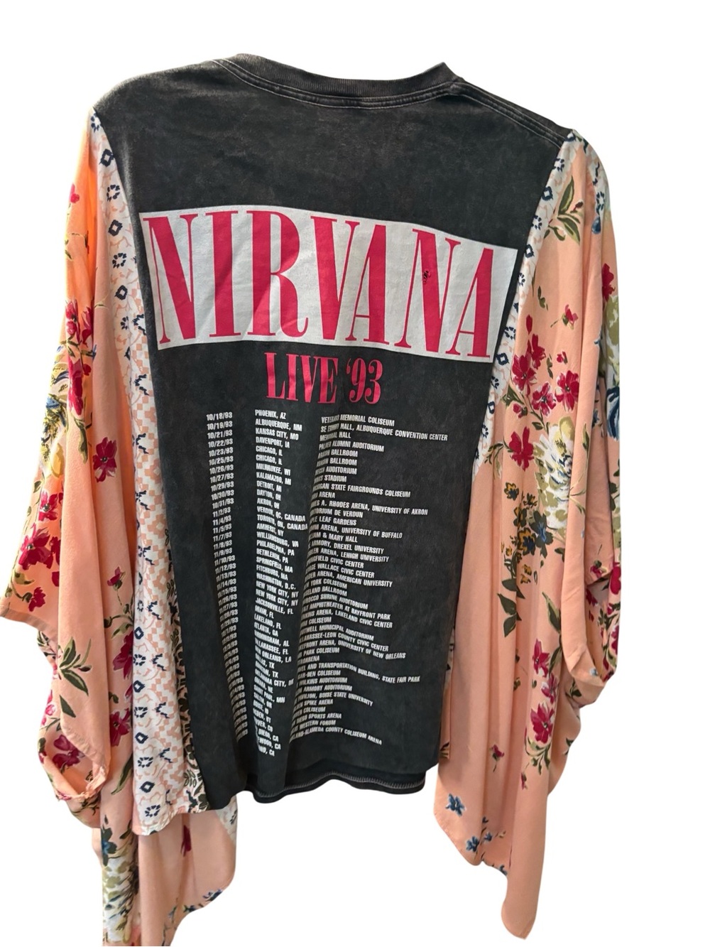 NIRVANA Black Washed Tee with Pink Smiley Upcycled with BohoPeach Floral Sleeves - Picture 2 of 2
